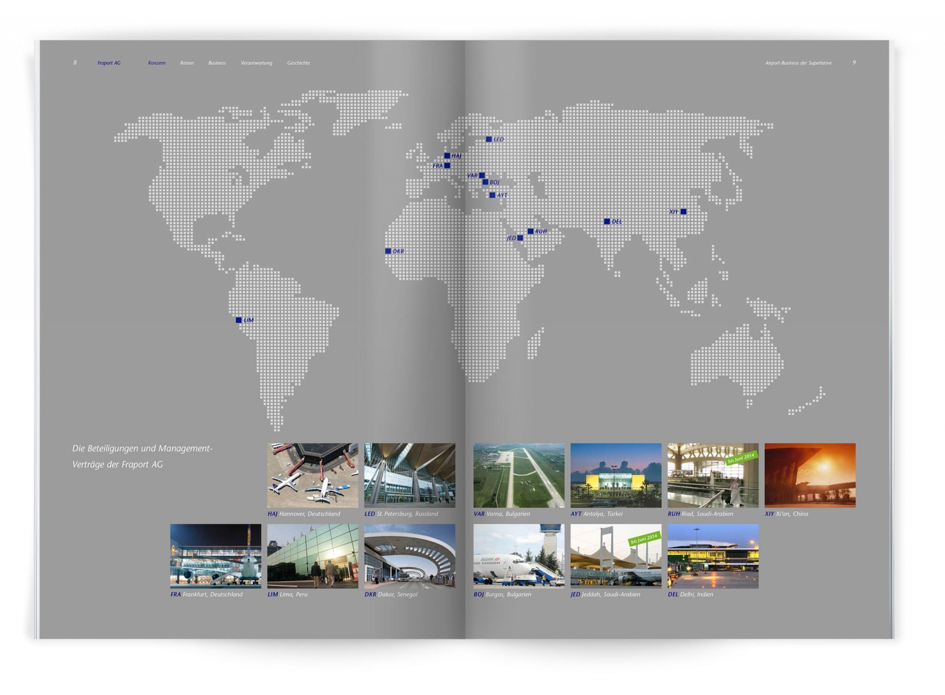 Fraport Imagebroschüre DoppelseiteBroschürengestaltung: Imagebroschüre Fraport AG - Doppelseite mit Karten-Illustration 
