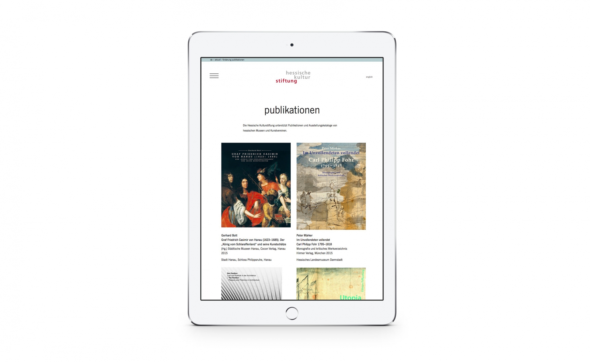 Webdesign - Website Hessische Kulturstiftung - Responsive Webdesign in Anwendung auf einem Tablet
