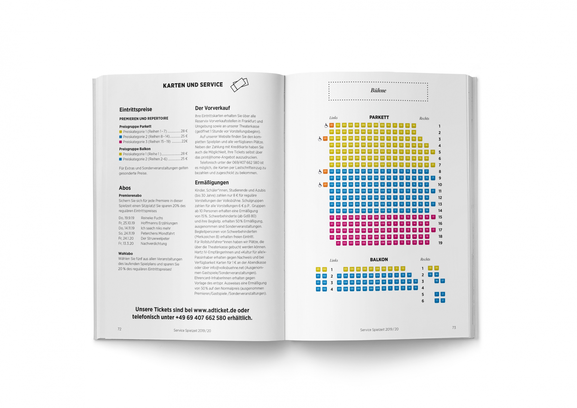 Gestaltung Spielzeitheft für die Volksbühne im Großen Hirschgraben - Doppelseite Sitzplan