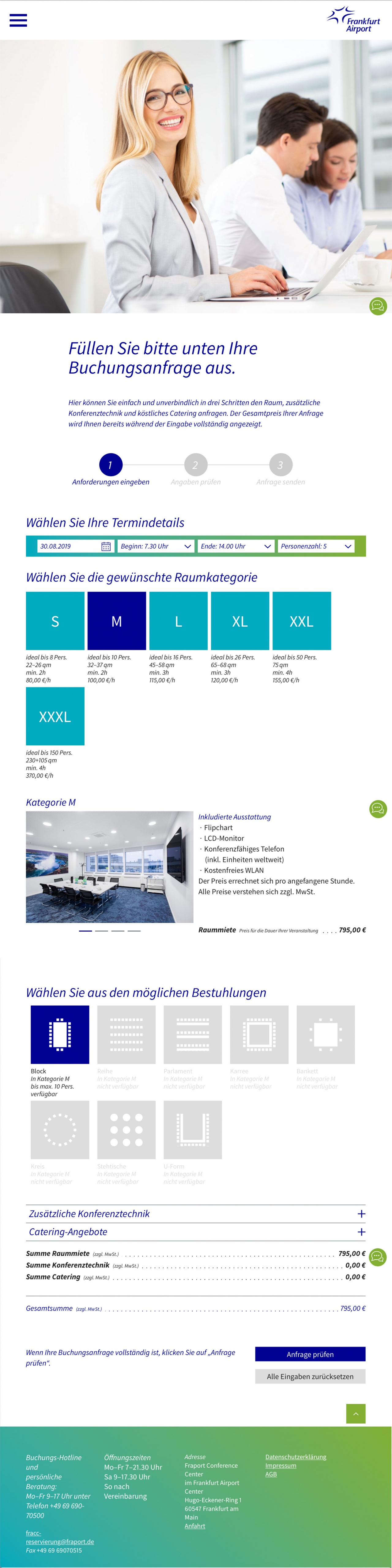 Webdesign Website Fraport Conference Center - Buchungstool - Buchungmaske