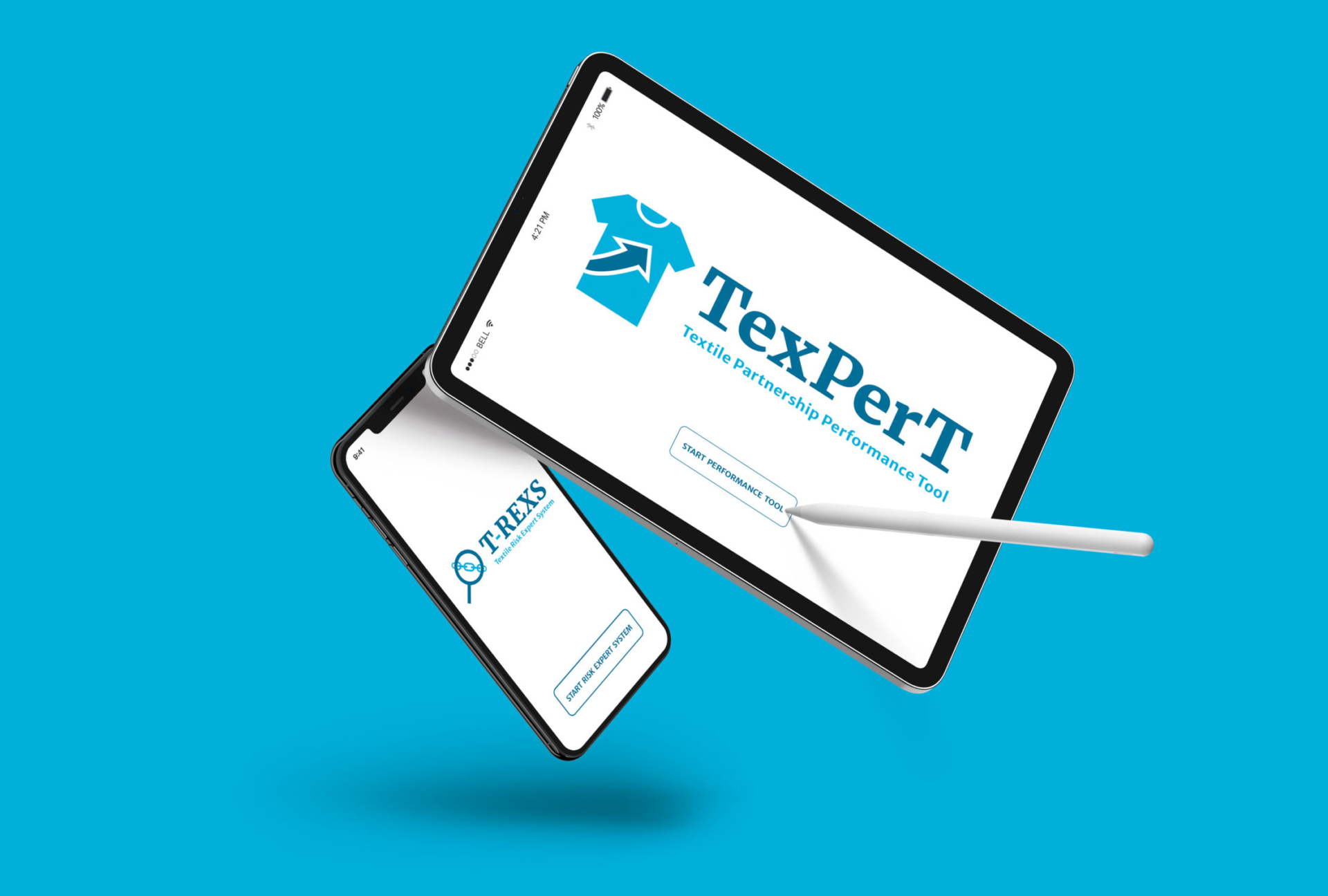 Logodesign für Softwaretools TexPerT in Anwendung auf Tablet und Smartphone