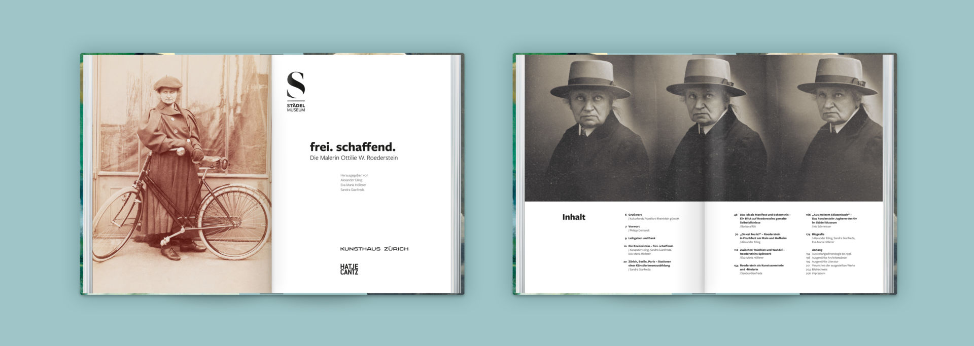 Staedel Museum Katalog Ausstellung frei. schaffend. Ottilie W. Roederstein Innenseiten Buchgestaltung auf farbigem Hintergrund 