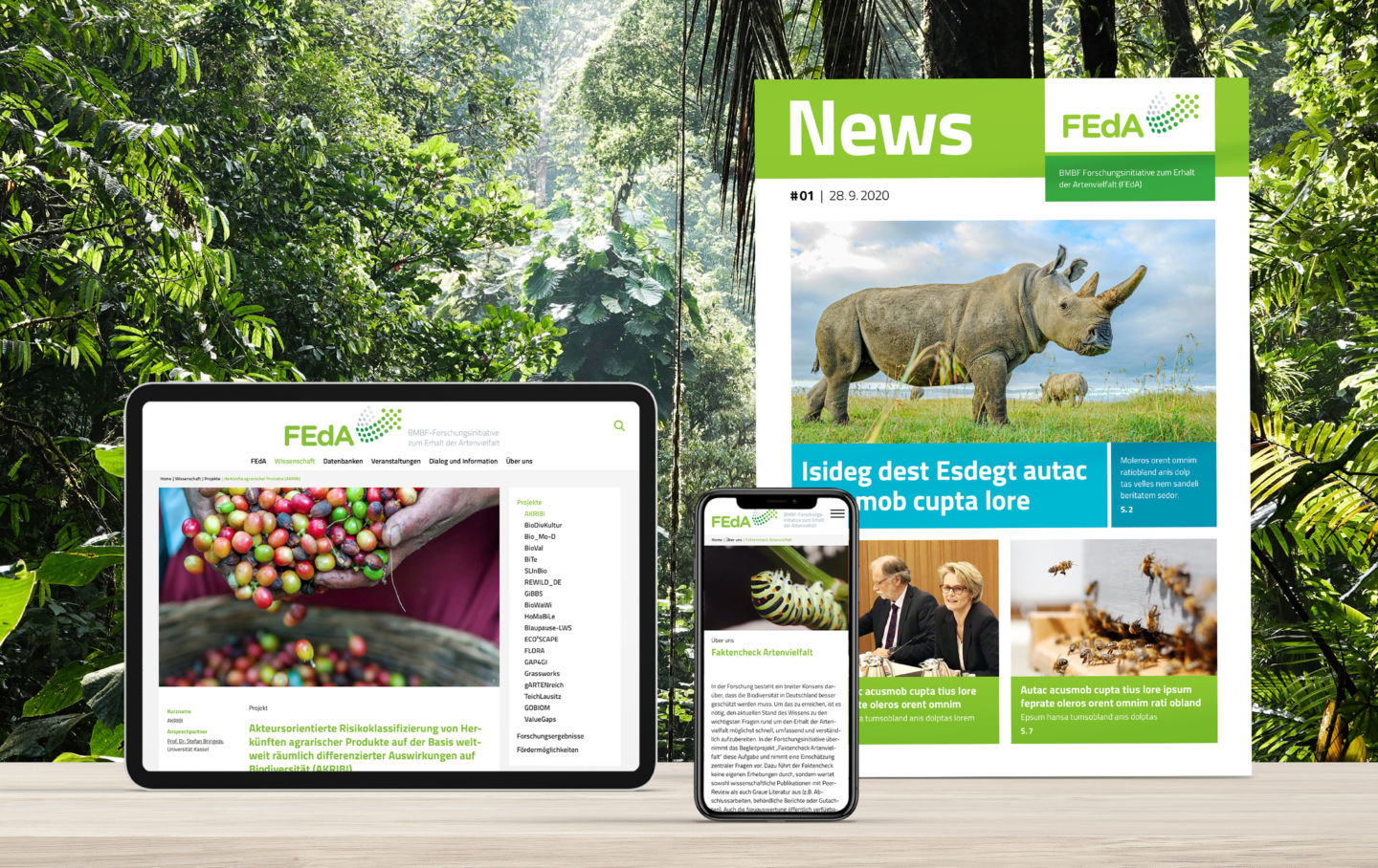 BMBF-Forschungsinitiative zum Erhalt der Artenvielfalt (FEdA) responsiv Tablet iPhone Ansicht der Website mit Newsletter - Header 